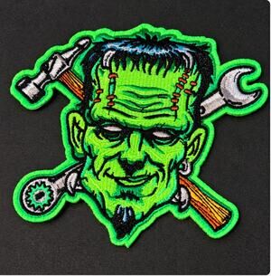 Spare Parts Frankenstein Embroidered Iron On Patch Monster with Crossed Tools